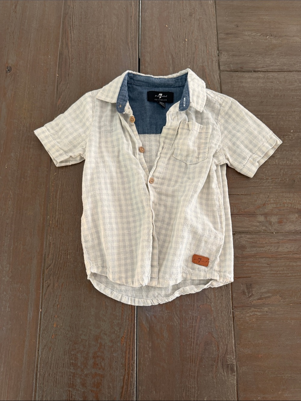 7 For All Mankind Light Blue & White Plaid Short Sleeve Button-Down